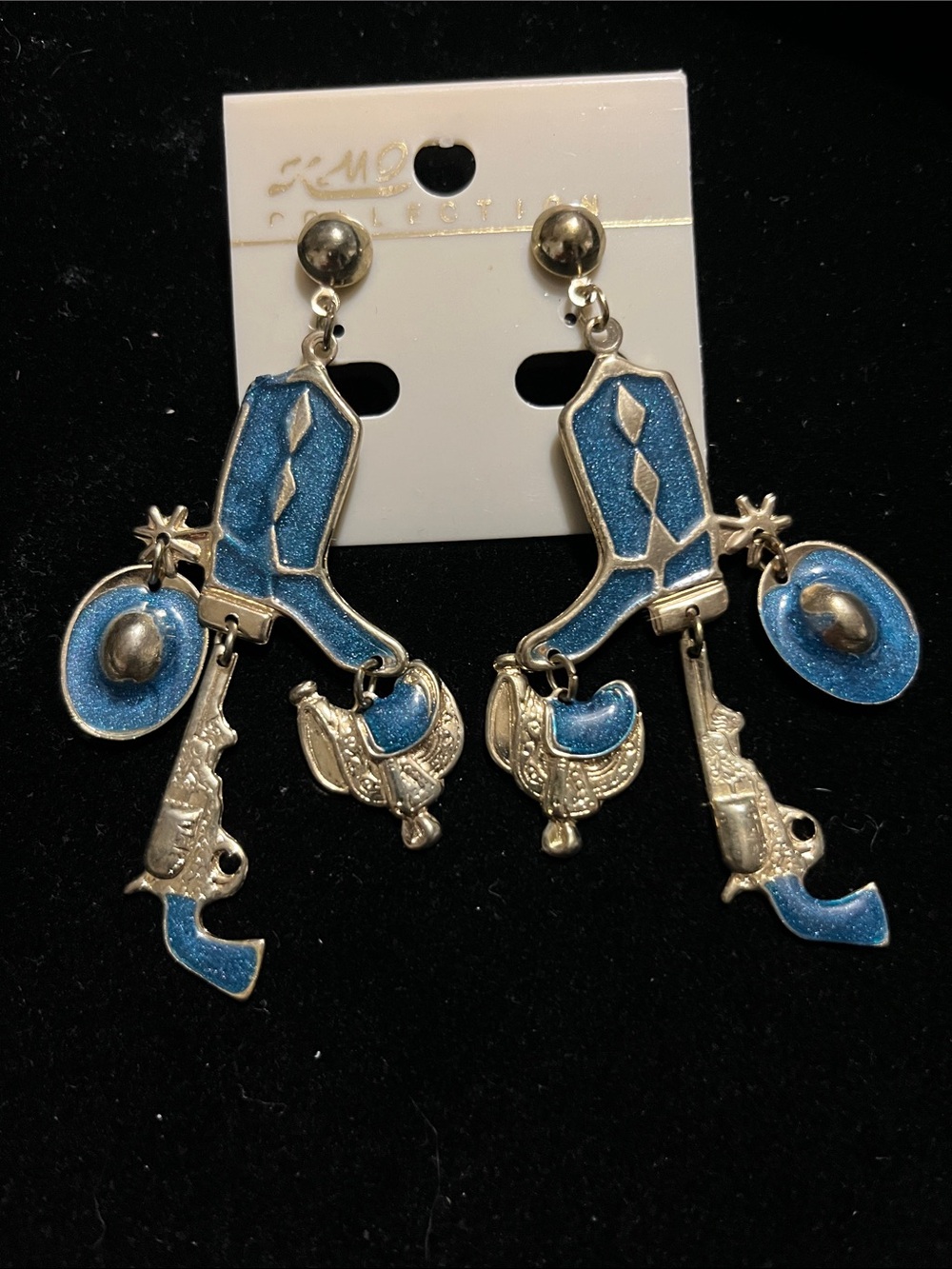 Western Cowboy Boot & Hat Dangle Earrings in Blue